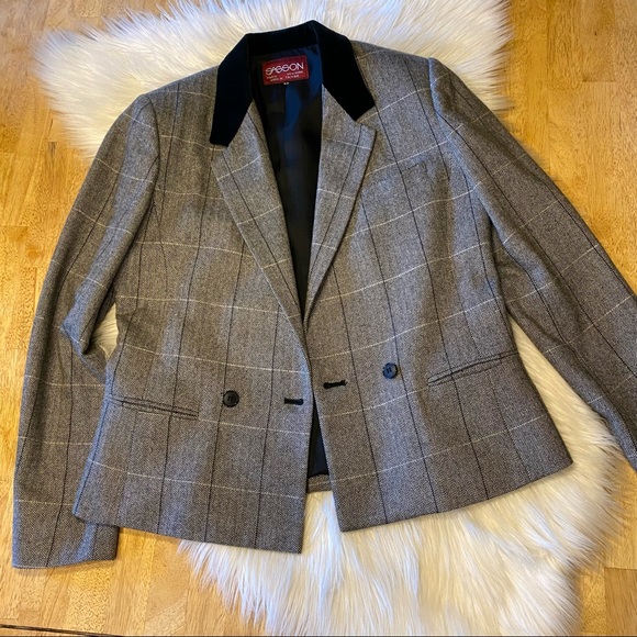 Vintage 90s Sasson Herringbone Wool Short Blazer Black Velvet Collar S - Picture 8 of 9